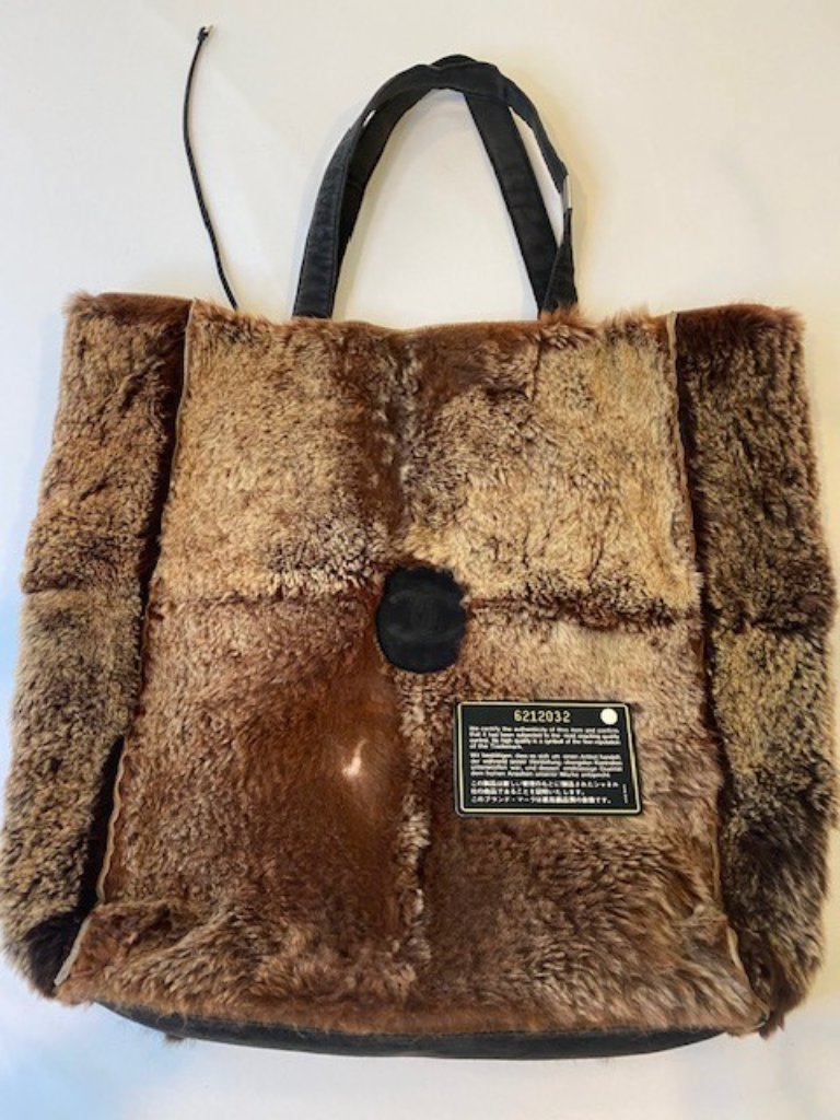 Authentic Chanel Fur Tote Bag Rabbit With Black Suede Bottom & Authenticity Card